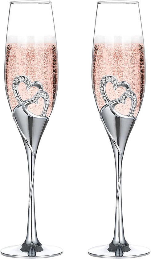 Silver Creative Heart Set with Diamonds Champagne Flutes - Wedding Glasses for Bride & Groom